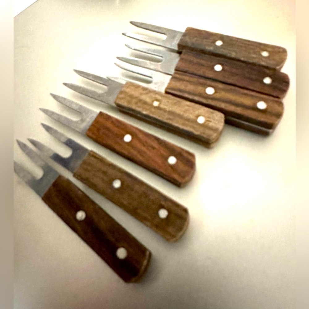 Vintage Mid Century Modern Appetizer Cheese Forks Wood Handle Stainless JAPAN